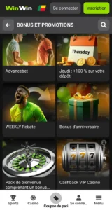 Capture d'écran de la page des bonus et promotions sur WinWin