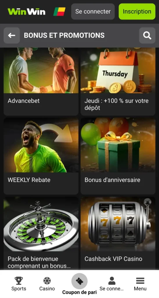 Capture d'écran de la page des bonus et promotions sur WinWin