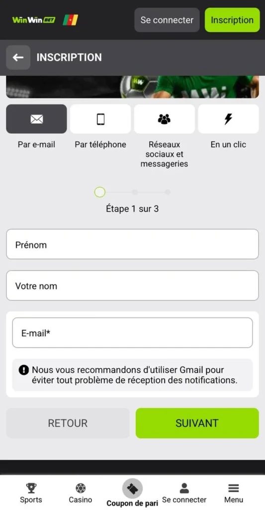 Capture d'écran de la page d'inscription sur WinWin app