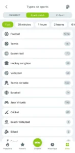 Capture d'écran de de la page des types de paris sur l'application winwin