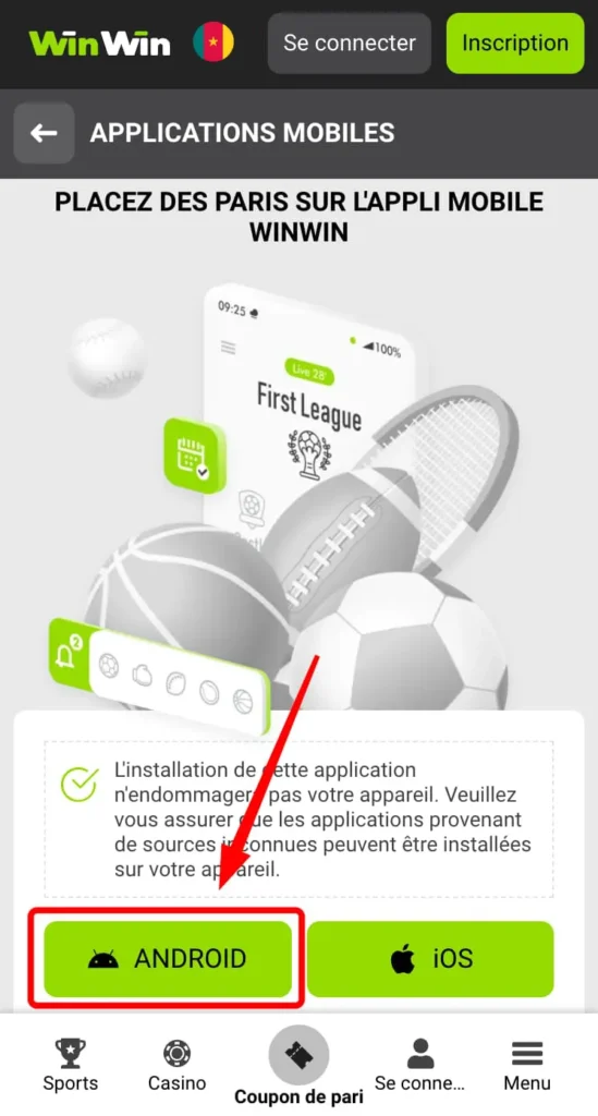 Capture d’écran de la page de téléchargement de l’APK WinWin pour Android sur le site officiel