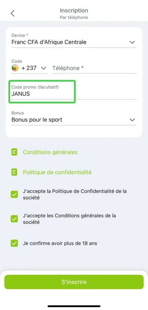 Capture décran de la page d'incription de winwin apk cameroun